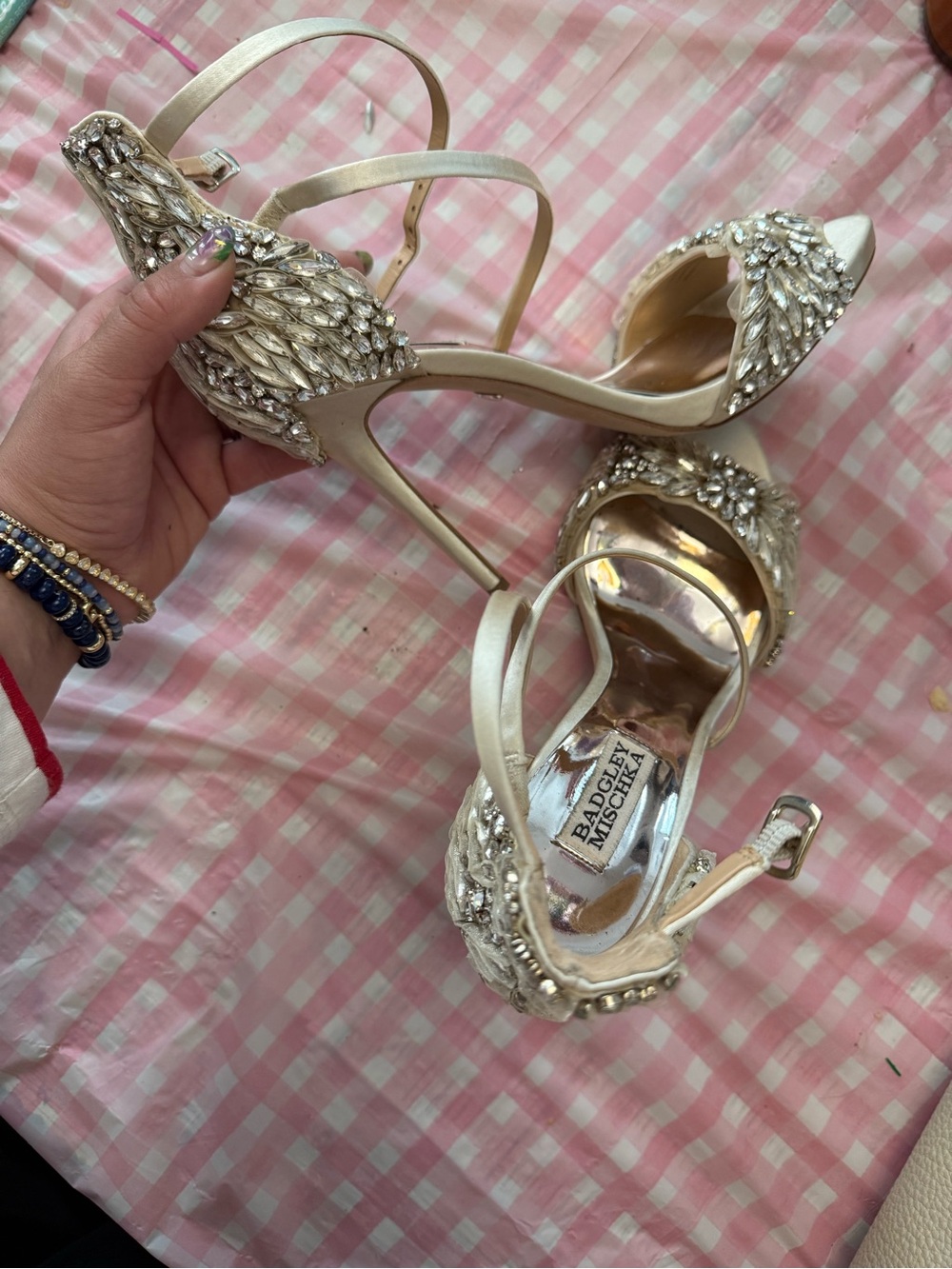 Badgley Mischka Pearl Ivory Crystal Strap Stiletto Sandals